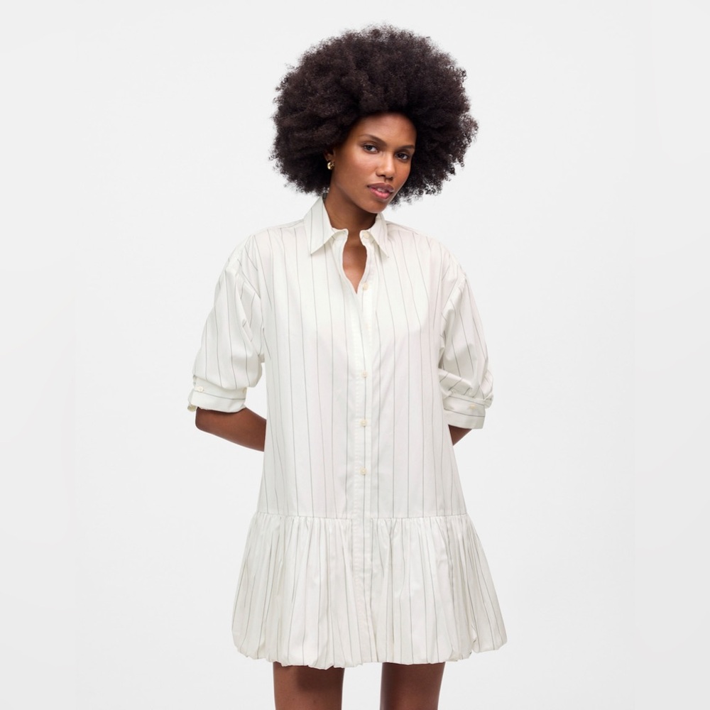 NWT Madewell Poplin Bubble-Hem Pinstripe Mini Shirtdress White Black XL - Ripped